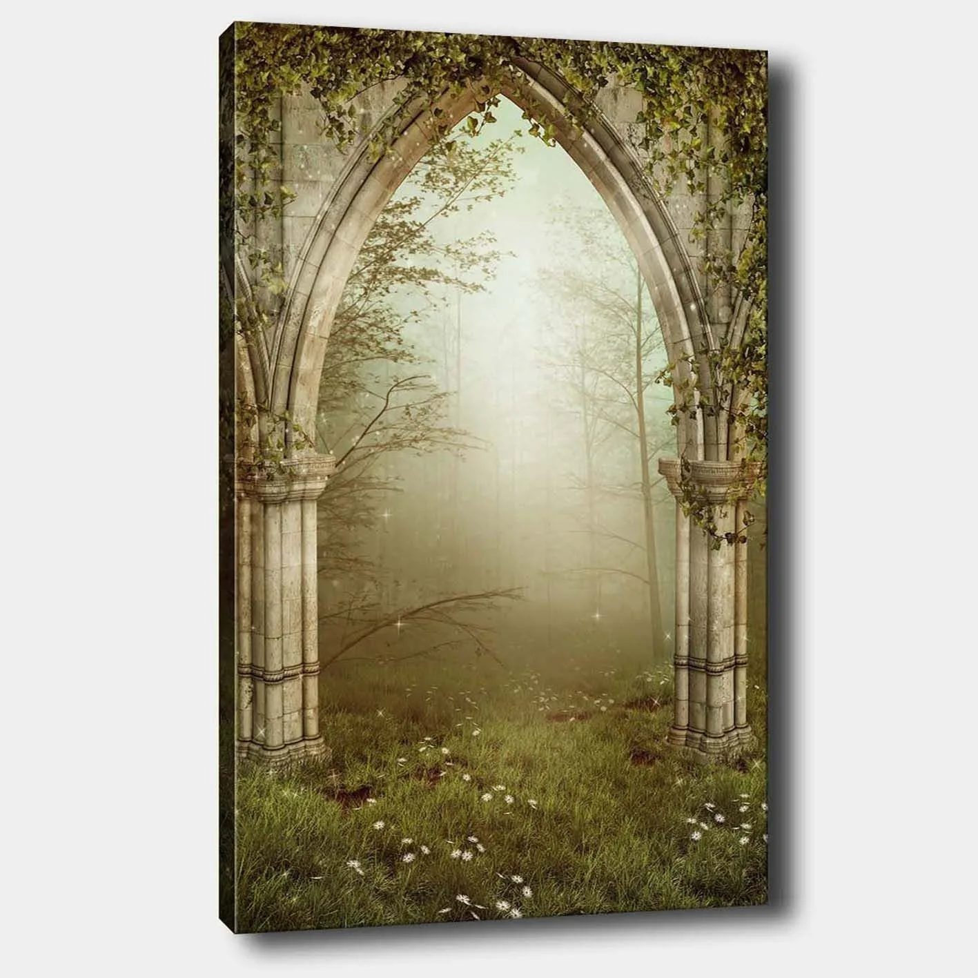 Canvastavla 70x100 cm - Gotisk portal omgiven av grönska och dimma i en mystisk skogsmiljö - Grå / Grön / Beige