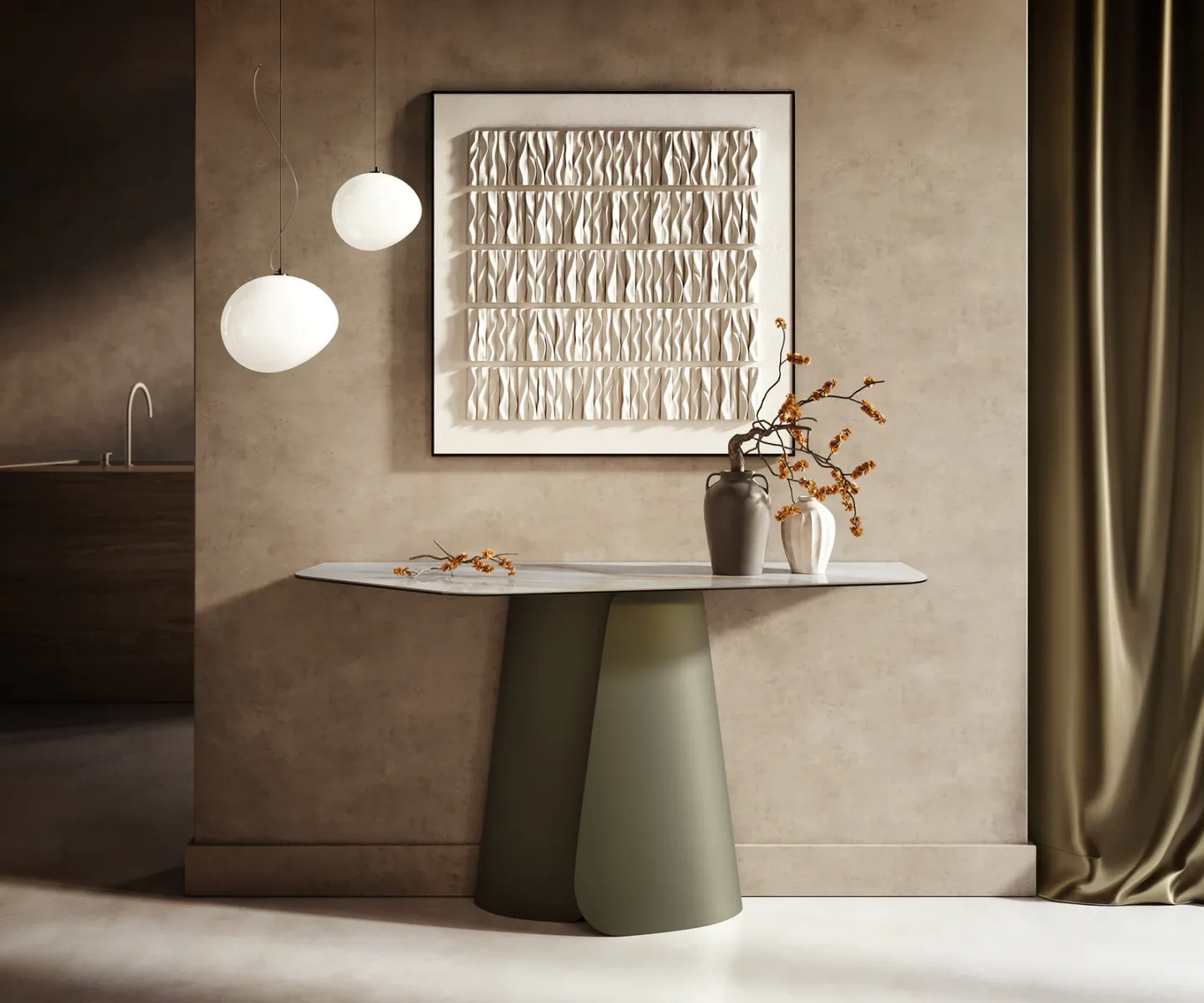 Konsolentisch Edge Polygonal 140x50 cm Keramik Onyx Pearl Livos Metall Effektfinish Titan