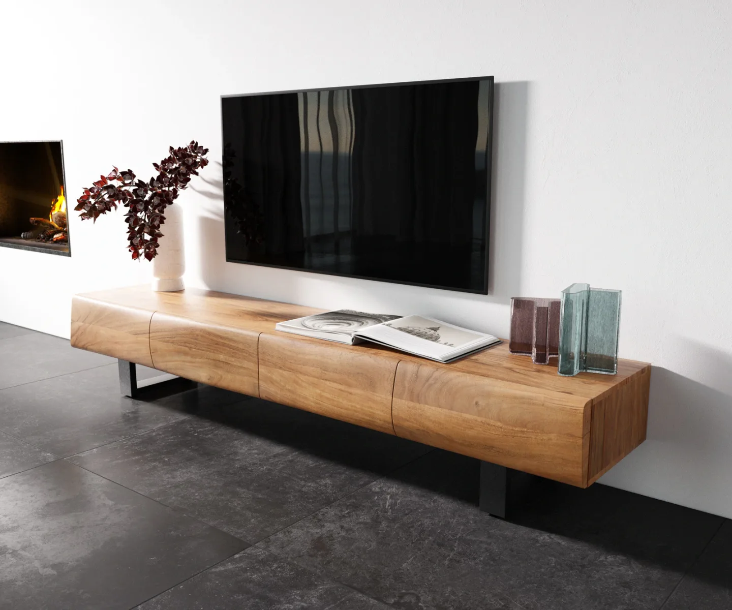 Lowboard New Live-Edge 200 cm Akazie Natur 4 Türen Kufe Metall Schwarz