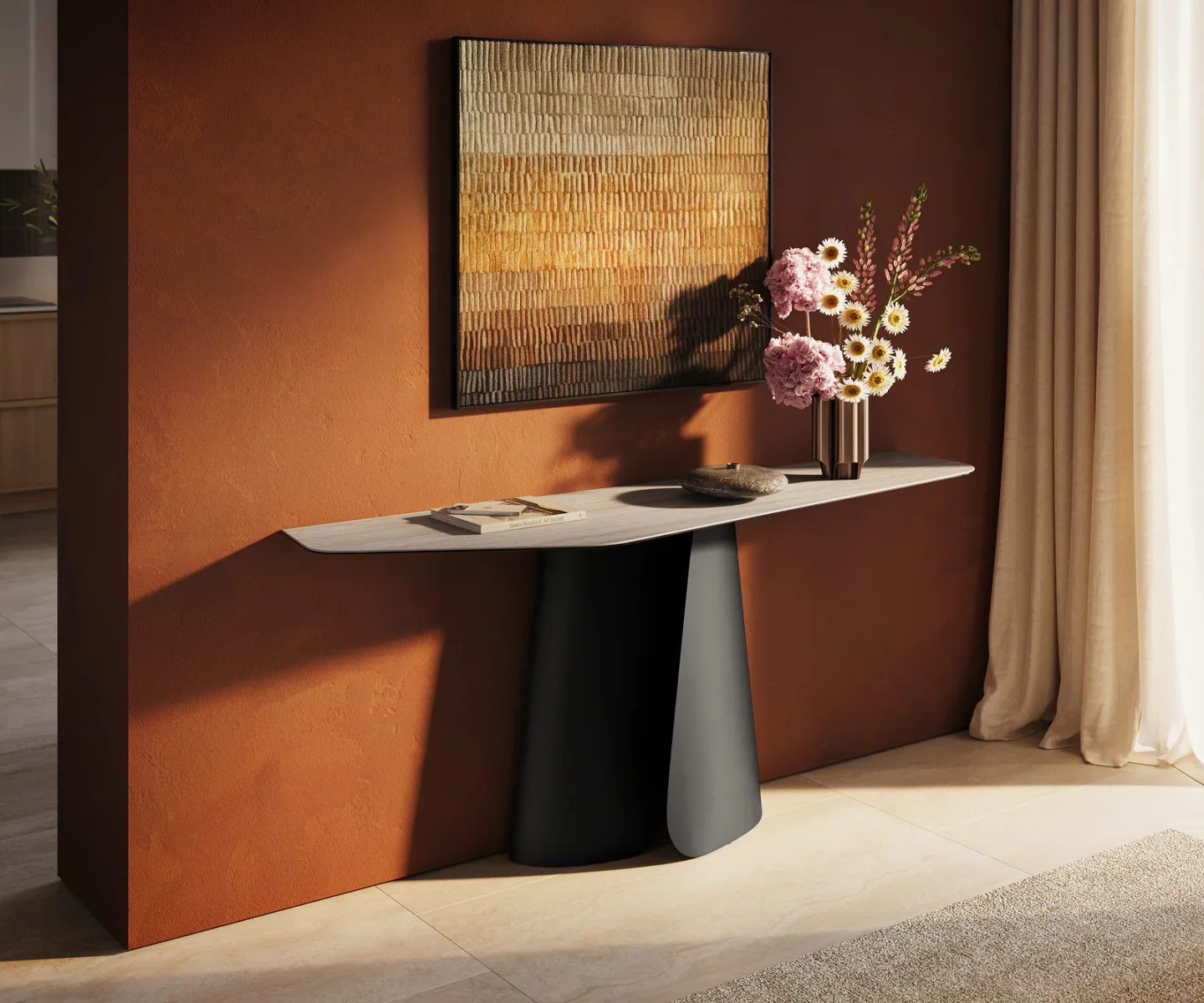 Konsolentisch Edge Polygonal 180x50 cm Keramik Laminam® Travertino Bianco Creme-Weiß Livos Metall Schwarz