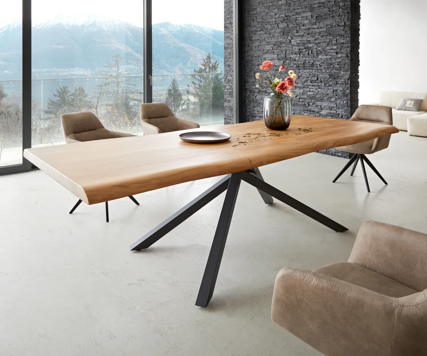 Esstisch Edge 260x100 XL Akazie Natur Kreuzgestell Rechteck Schwarz Live-Edge