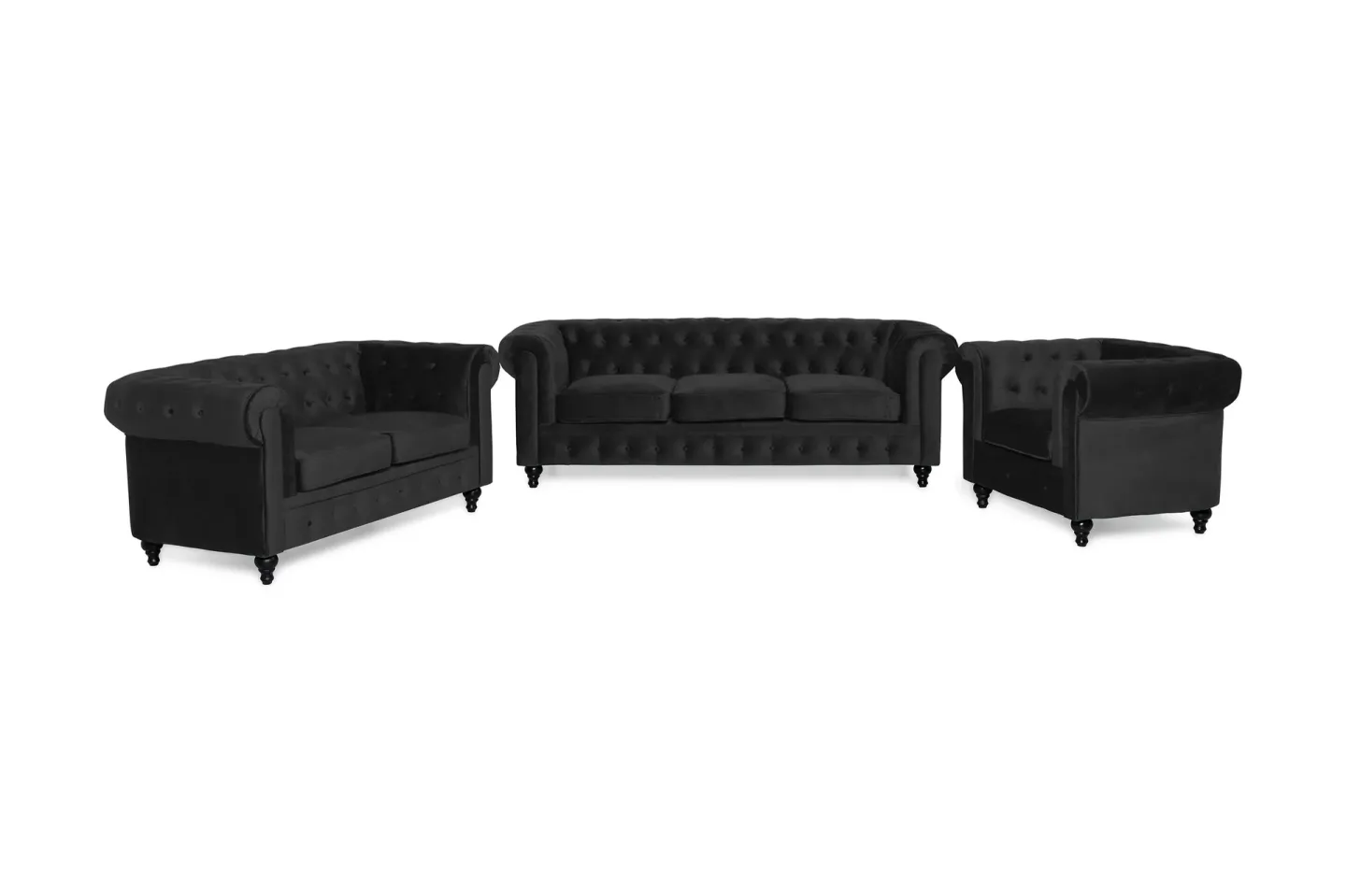 Chesterfield Lyx Modern Soffgrupp 3+2+1 i Sammet - Svart
