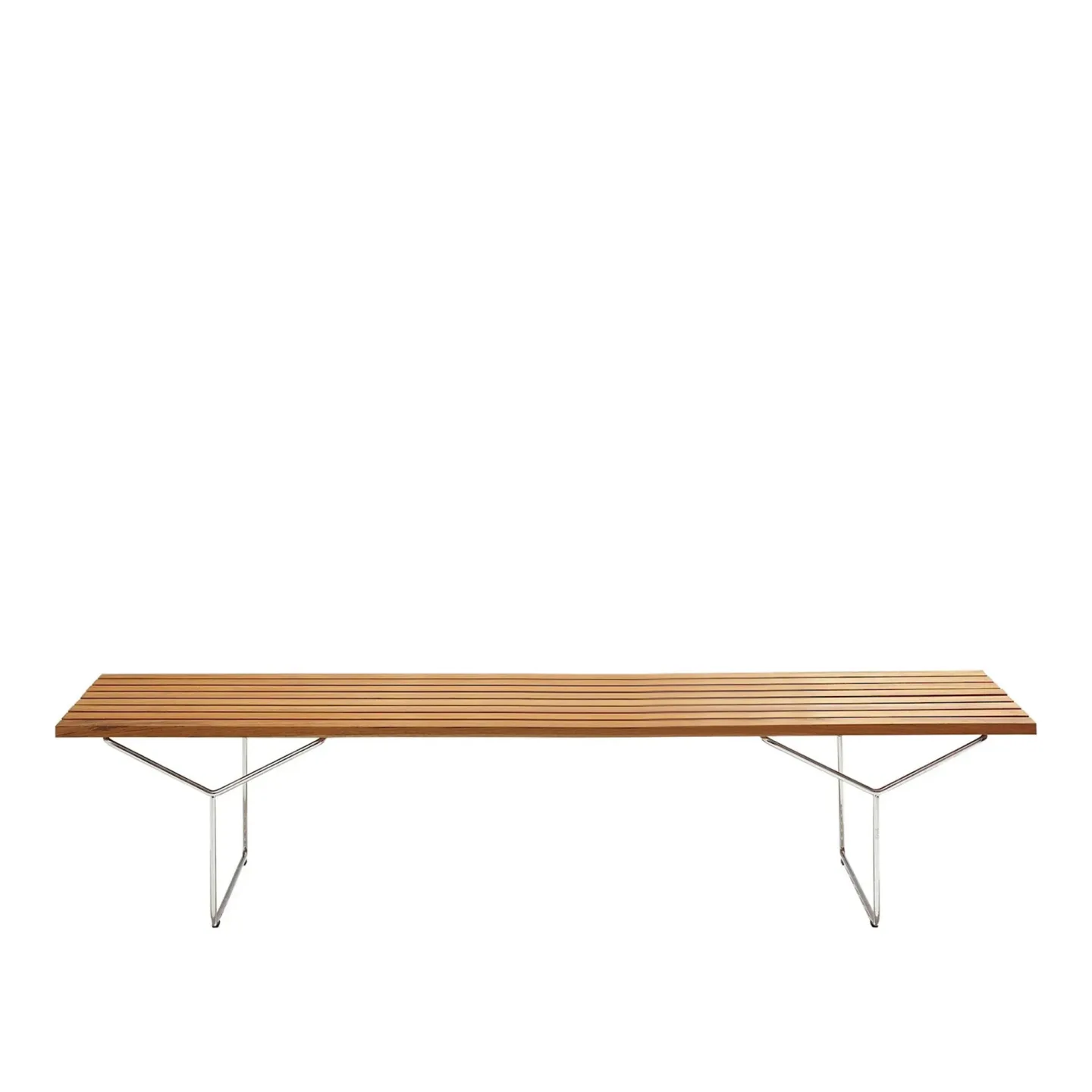 Knoll - Harry Bertoia Bench utomhus, lameller i Teak, underrede i Rostfritt stål - Trädgårdsbänkar - Harry Bertoia - Träfärgad