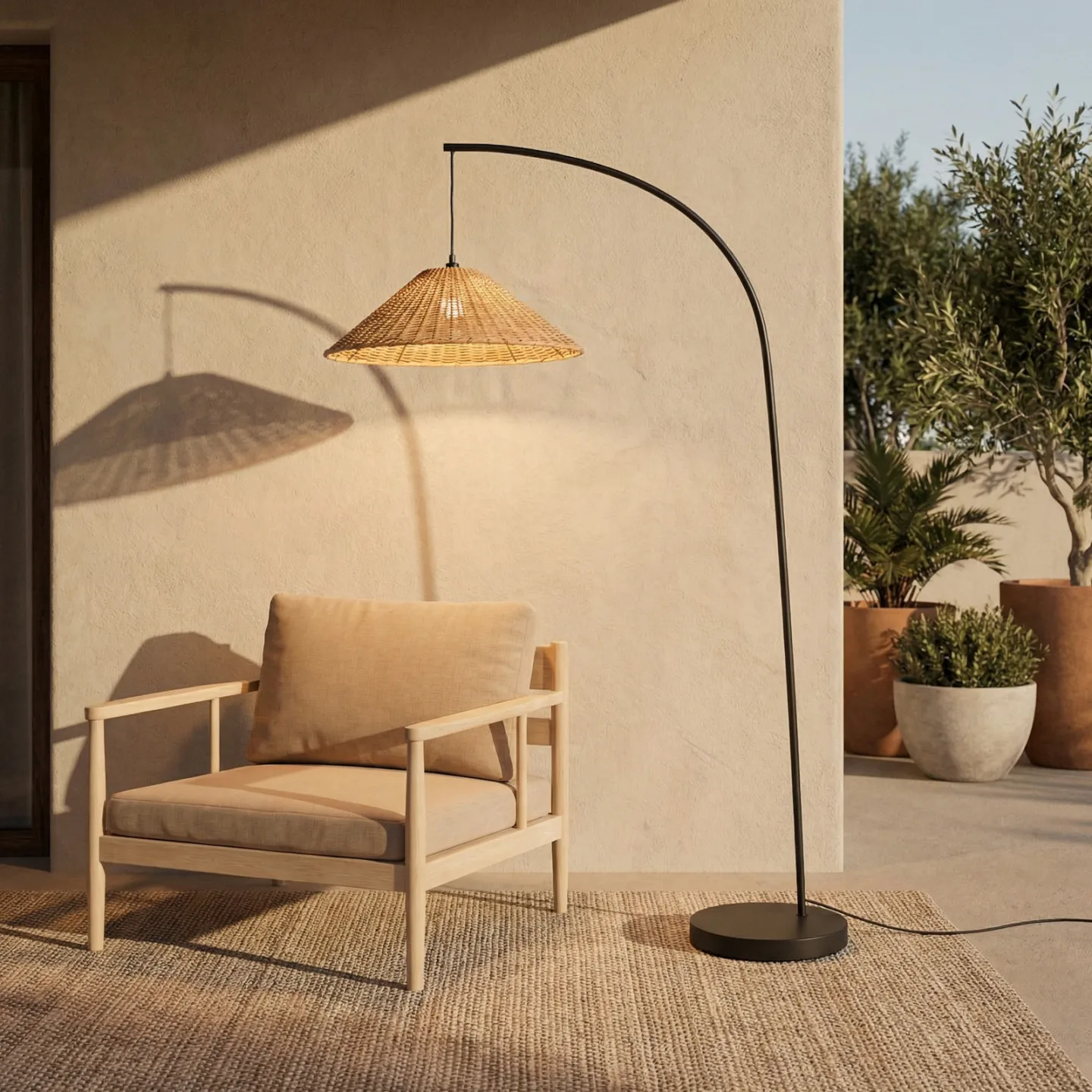 Taniola udendørs gulvlampe, 195 cm, E27, konisk, rattan, IP44 - Lucande - Terrasse - Rustik - Træ - Med én lyskilde