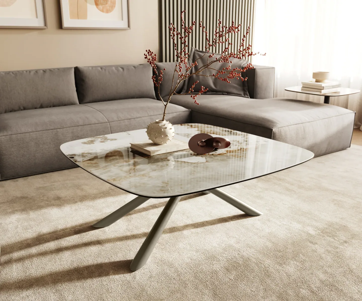 Couchtisch Edge Boot 90x90 cm Keramik Minas Melange Sarity Metall Effektfinish Titan