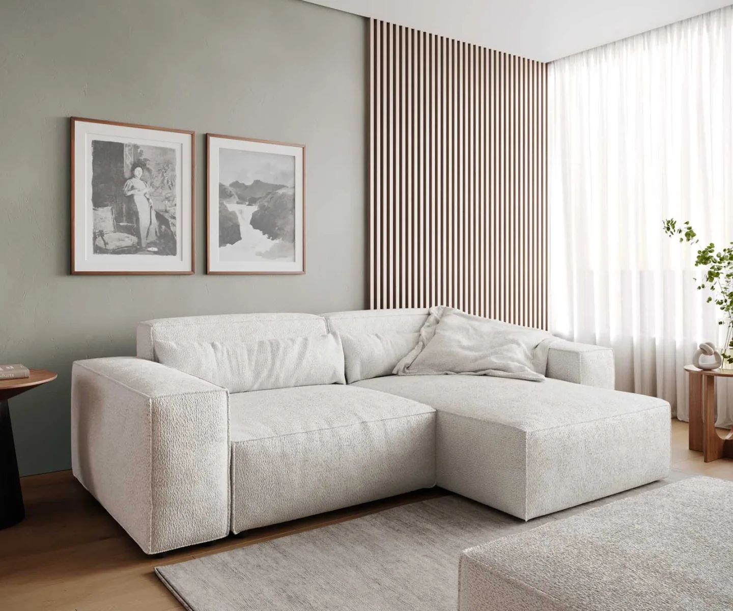 Ecksofa Sirpio 230x155 cm Bouclé Creme-Weiß Recamiere variabel mit Hocker