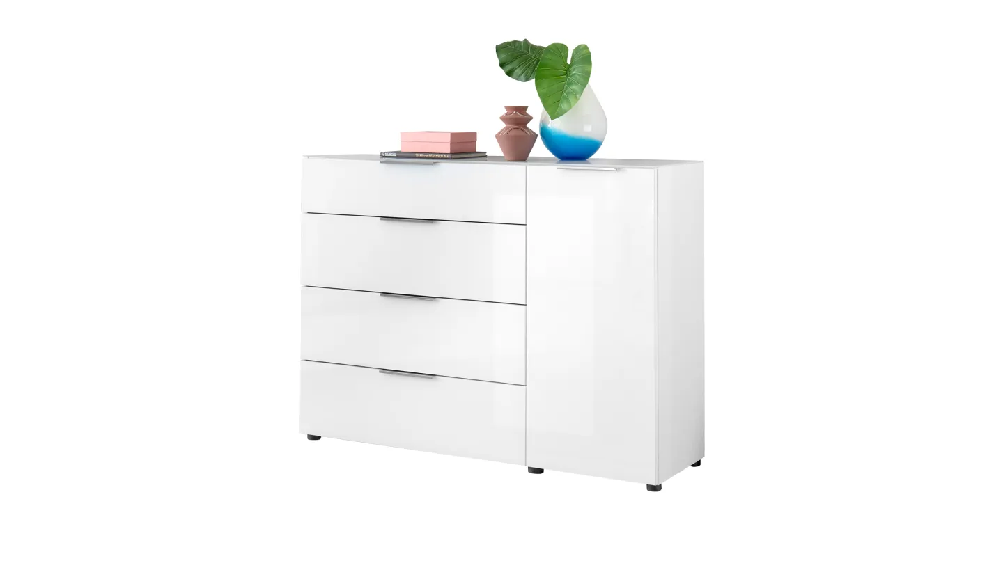 Kommode 4 Schubladen - weiß - Glasfront - 135 cm - SANTORIN