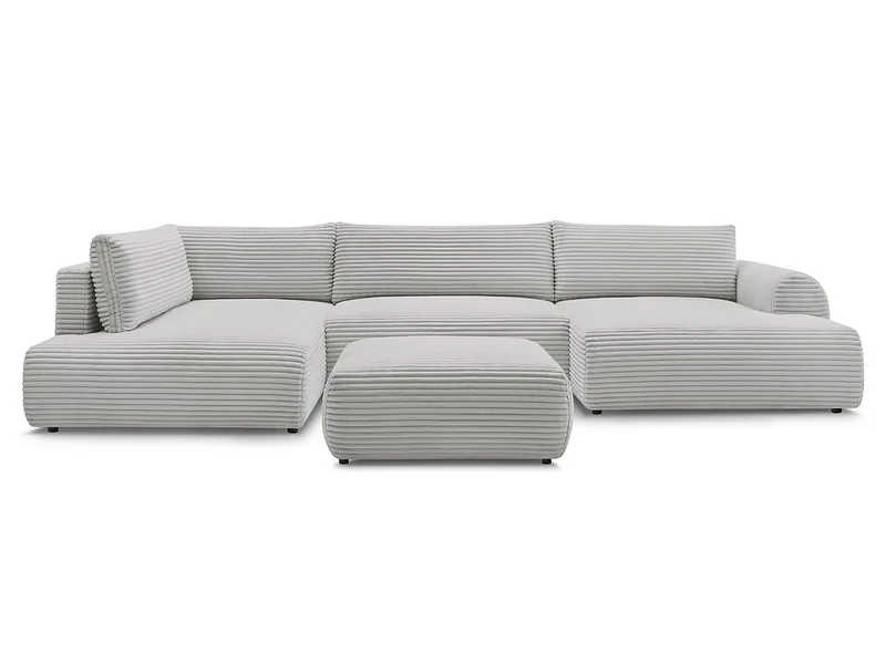 Panorama-Ecksofa mit Hocker BOBOCHIC LUCIEN Cord-Stoff hellgrau