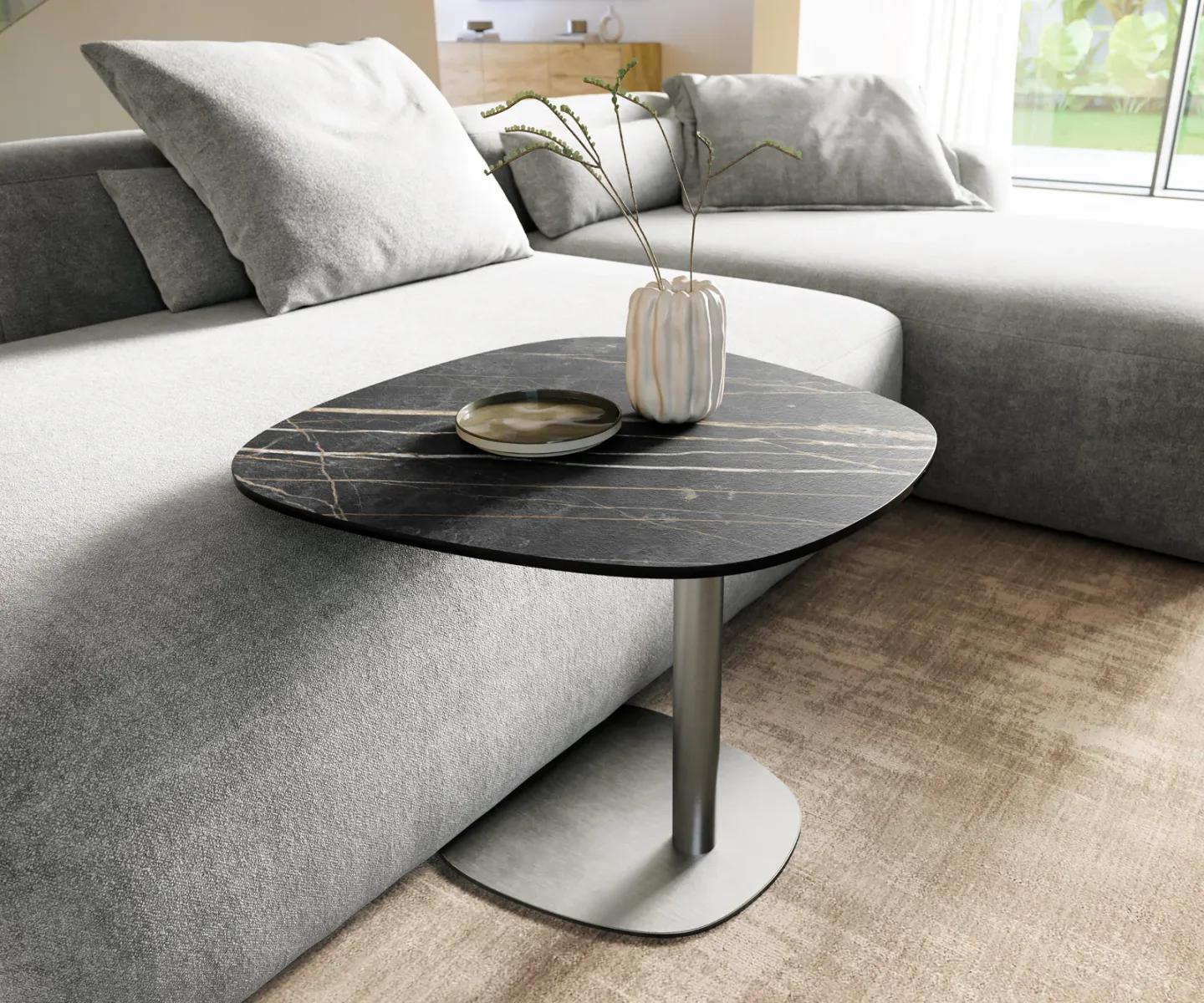Beistelltisch Edge Boot 60x60 cm Keramik Laminam® Noir Desir Braun Eleny Edelstahl gebürstet