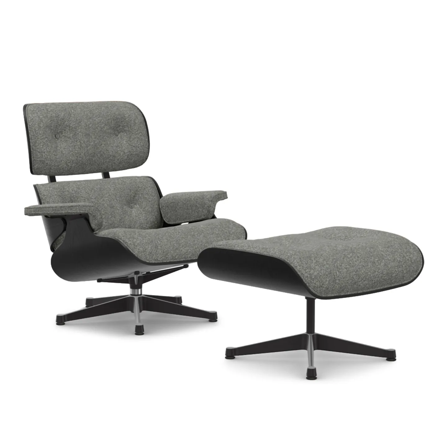 Vitra - Eames Lounge Set Black Chestnut Nubia Salt’N Pepper 10 Polished Aluminium/Deep Black - Fåtöljer - Charles & Ray Eames - Grå