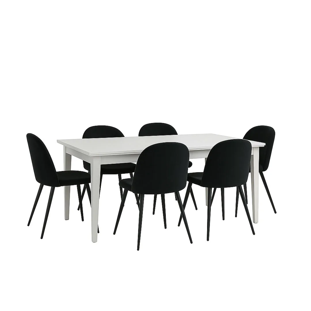 Venedig Essgruppe Tisch weiß 95x180/276 mit 2 Stk. Zusatzplatten 6 Stühlen Velour schwarz.