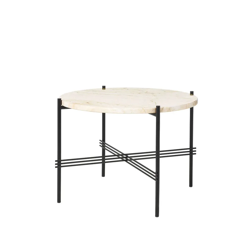GUBI TS Round soffbord natural white travertine, ø55, svart stativ