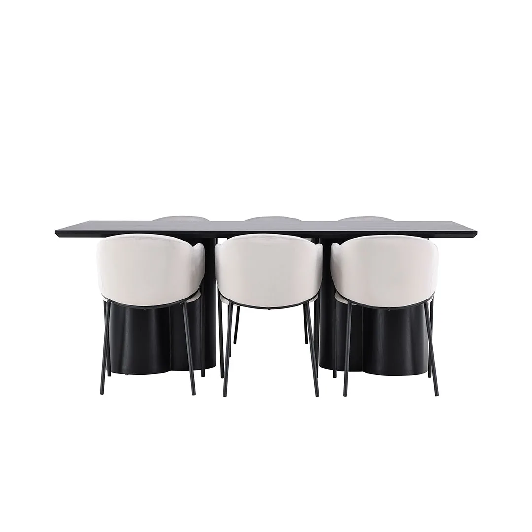 Olivia Essgruppe Tisch 100x210cm und 6 Velours Stühle mit Armlehnen schwarz.