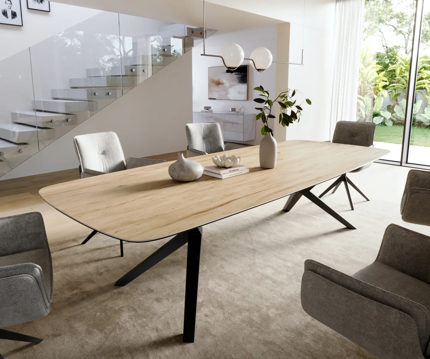 Esstisch Edge Boot 300x120 cm Keramik Laminam® Sabbia Eichefarbig Zenthara kantig Metall Schwarz