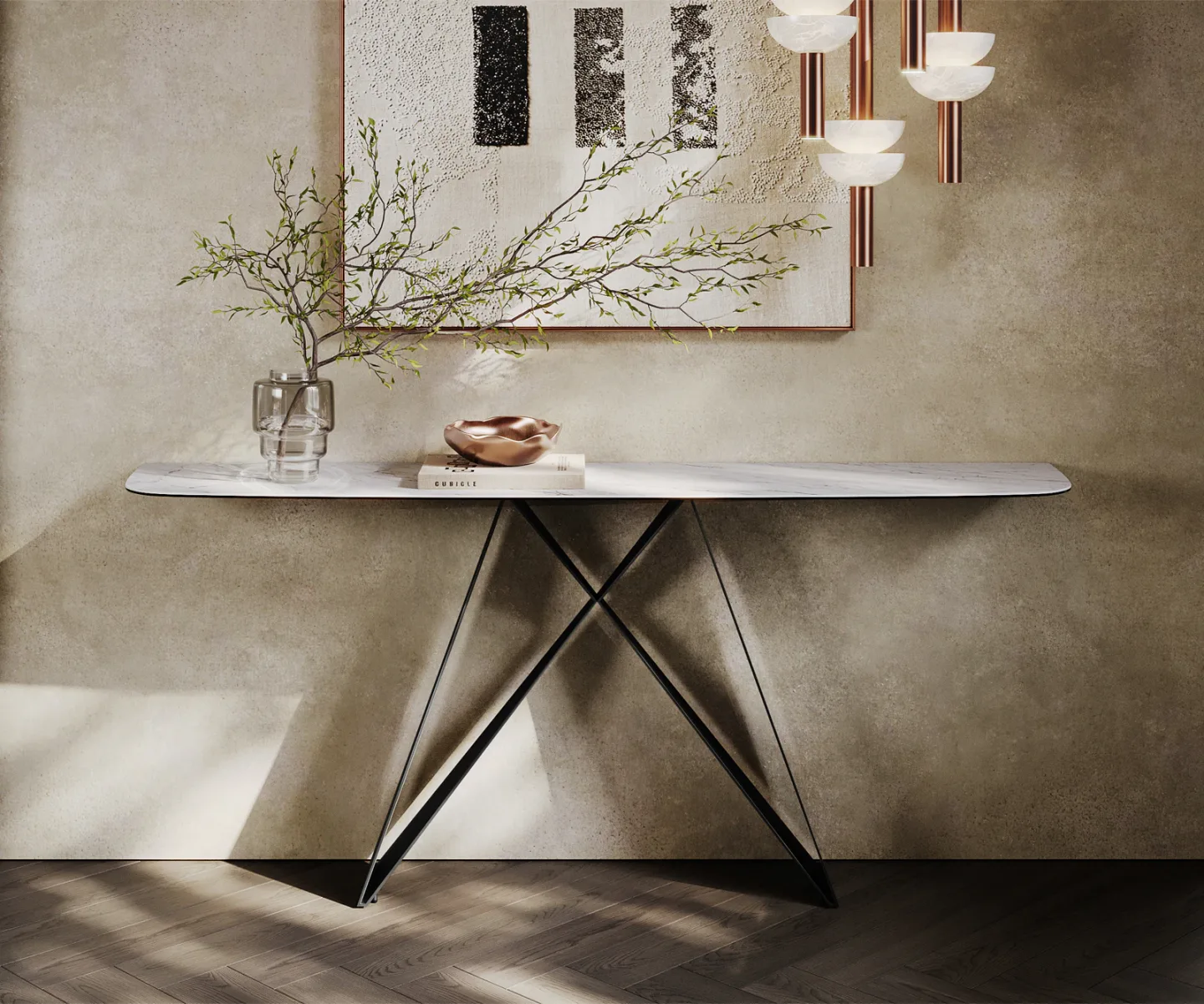 Konsolentisch Edge Boot 180x40 cm Keramik Laminam® Statuarietto Weiß Velio Metall Schwarz