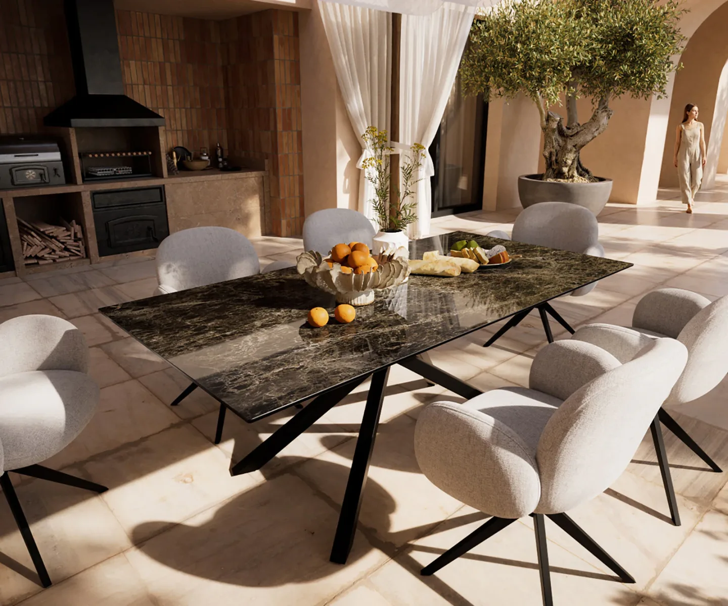 Outdoortisch Edge 200x100 cm Keramik Emperador Extra Lucidato Dunkelbraun Kreuzgestell Rechteck Schwarz