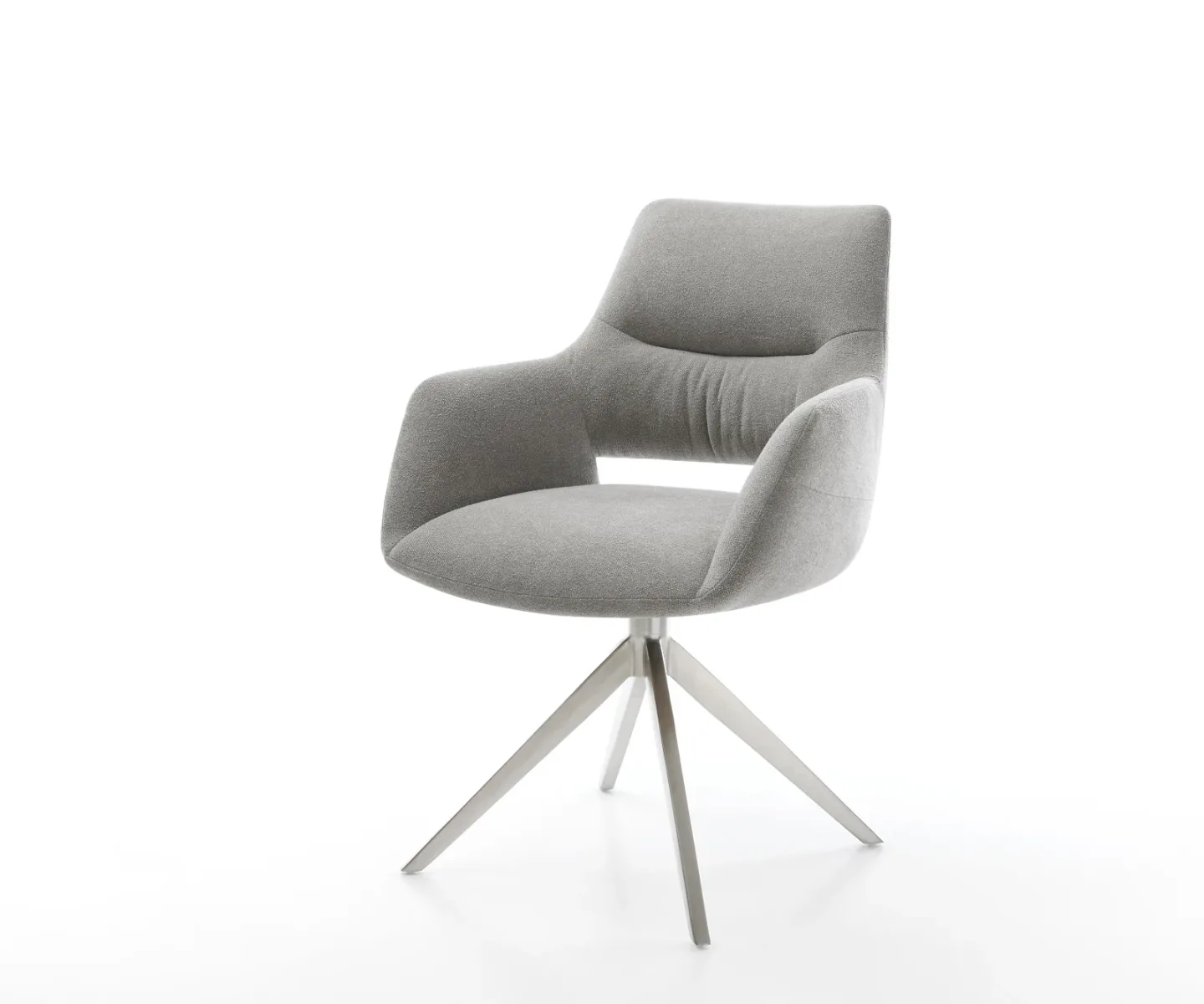 Drehstuhl Yago-Flex mit Armlehnen Strukturstoff Soft Grau Kreuzgestell breit Edelstahl 360° drehbar Wippfunktion Taschenfederkern