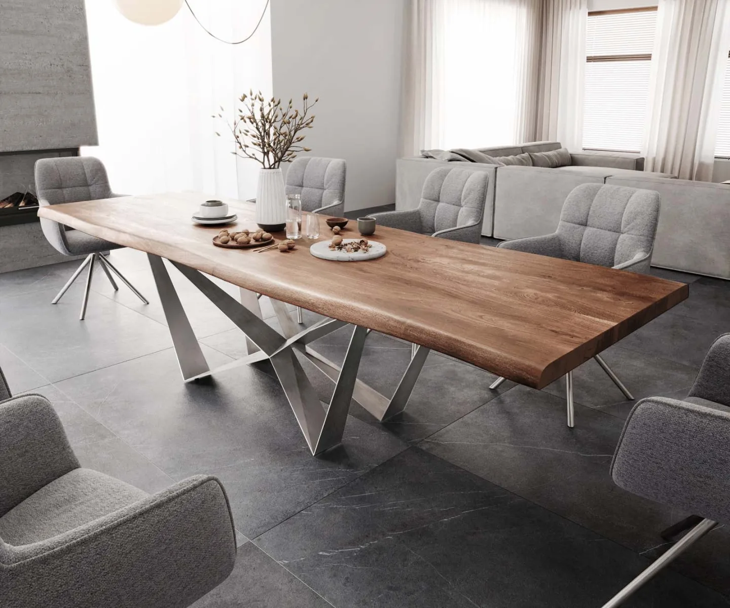 Esstisch Edge 300x100 XL Akazie Braun Spider Flachstahl Edelstahl Live-Edge