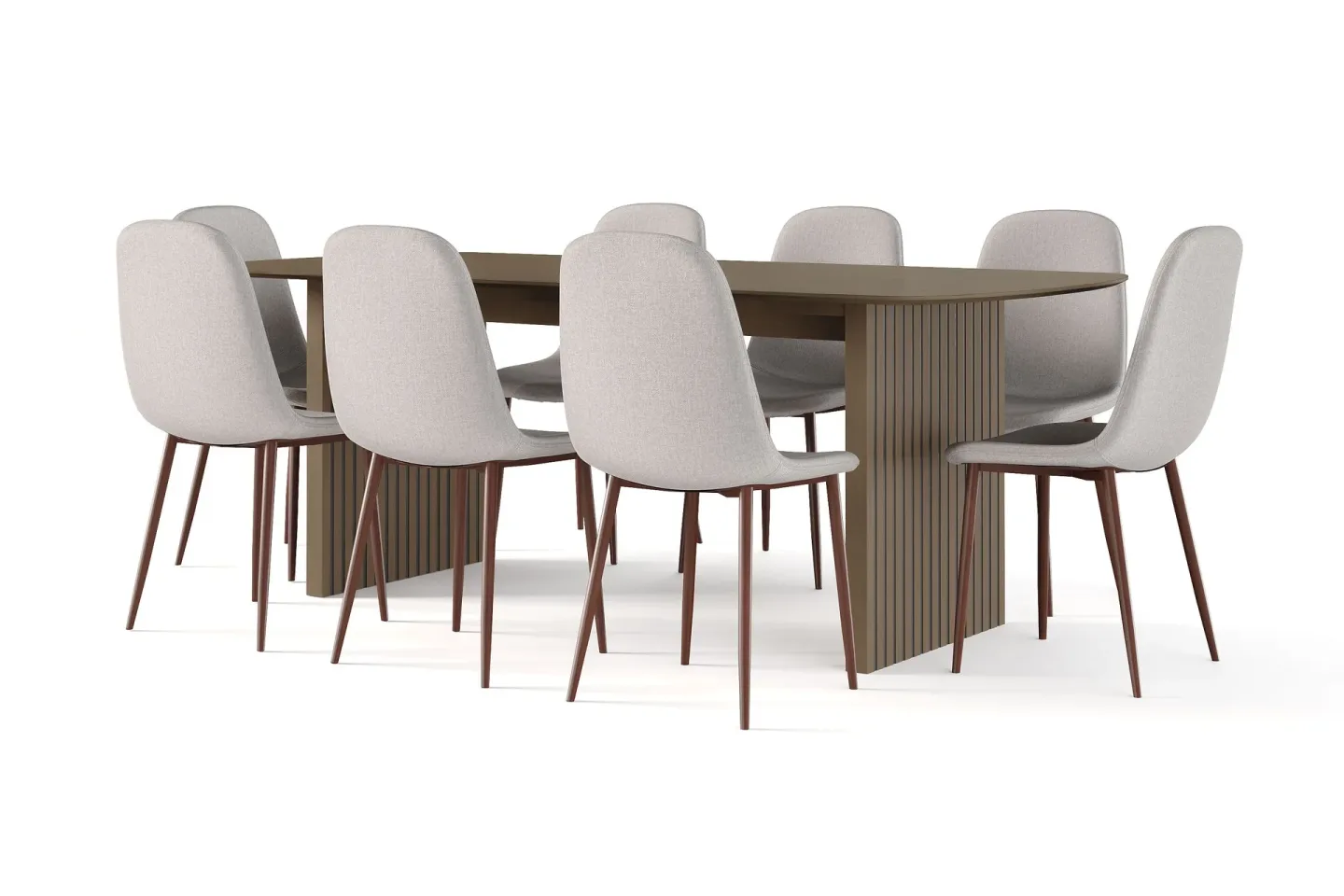 Richeto Matbord Rökt Ek 210 cm valnöt + 8 st Nibe stol beige med valnöt ben - Brun/Beige