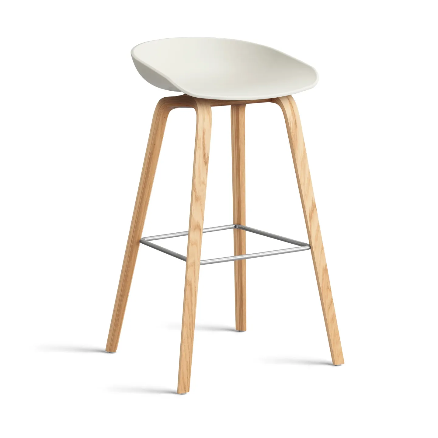 HAY About a Stool 32 High Barhocker lackiertes Eichen­gestell 2.0 Melange cream-Edelstahlstütze