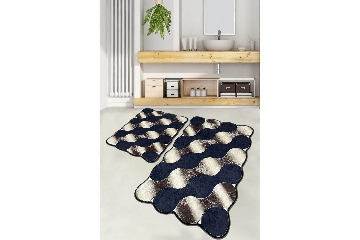 Badrumsmattset (2 delar) Sufia Mörkblå / Rany / Beige - Mörkblå / Rany / Beige