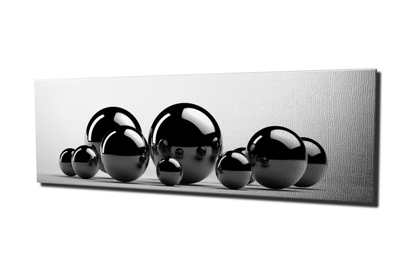 Canvastavla 80x30 cm - Reflekterande svarta sfärer i varierande storlekar - Svart / Grå
