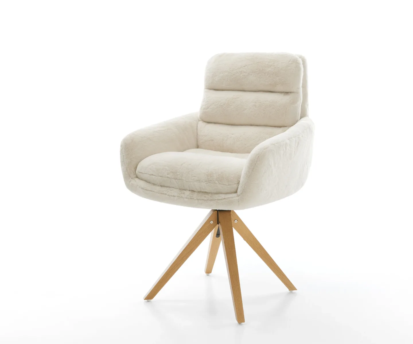 Drehstuhl Abelia-Flex mit Armlehnen Plüsch Creme-Weiß Holzgestell kantig Natur 360° drehbar