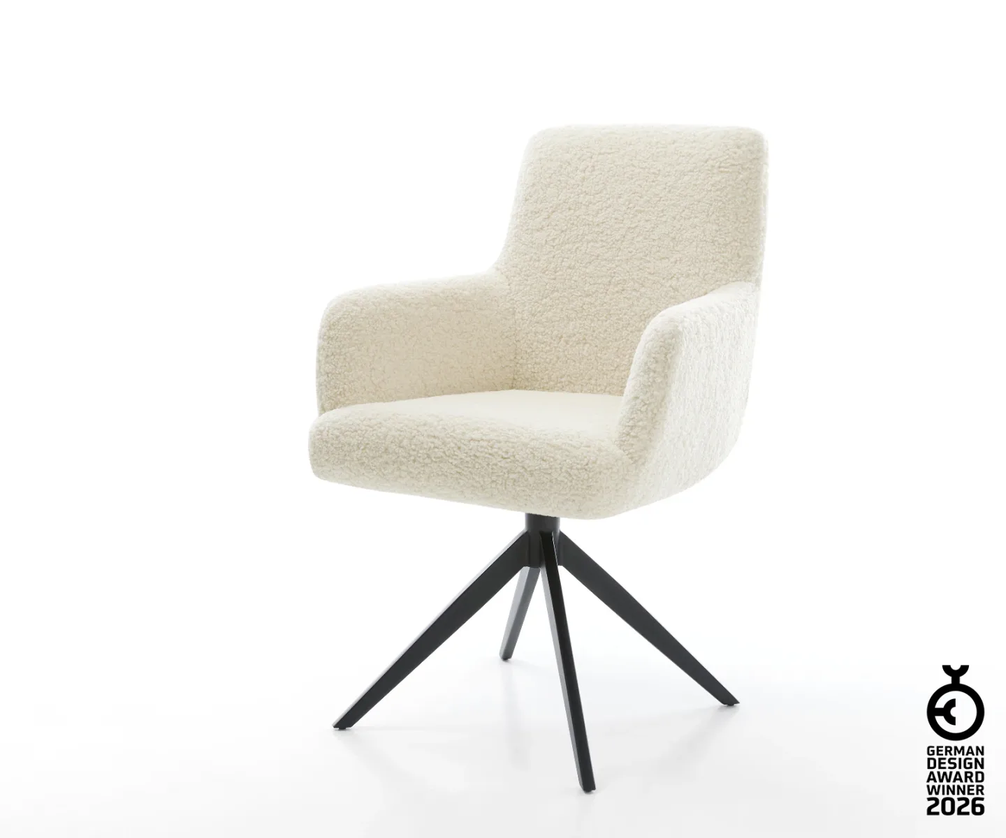 Drehstuhl Heira-Flex mit Armlehnen Teddystoff Beige Kreuzgestell breit Schwarz 360° drehbar Wippfunktion Taschenfederkern