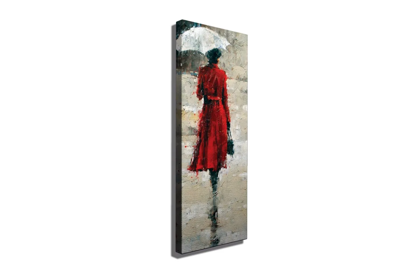 Canvastavla 30x80 cm - Kvinna i röd klänning med paraply - Röd / Grå / Svart