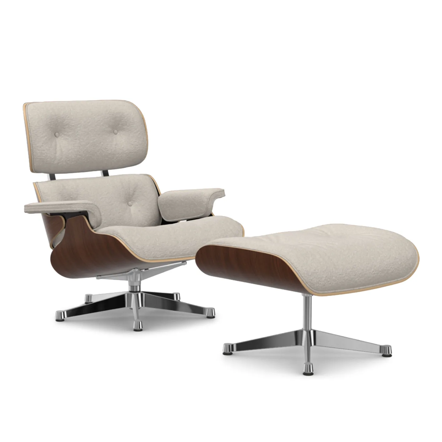 Vitra - Eames Lounge Set Dark Walnut Nubia Ivory Pearl 01 Polished Aluminium - Fåtöljer - Charles & Ray Eames - Beige
