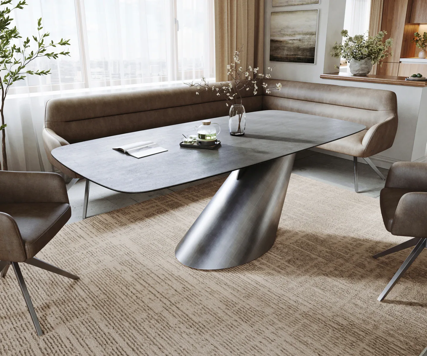Esstisch Edge Boot 200x100 cm Keramik Beton Grau Cono Metallic Silber