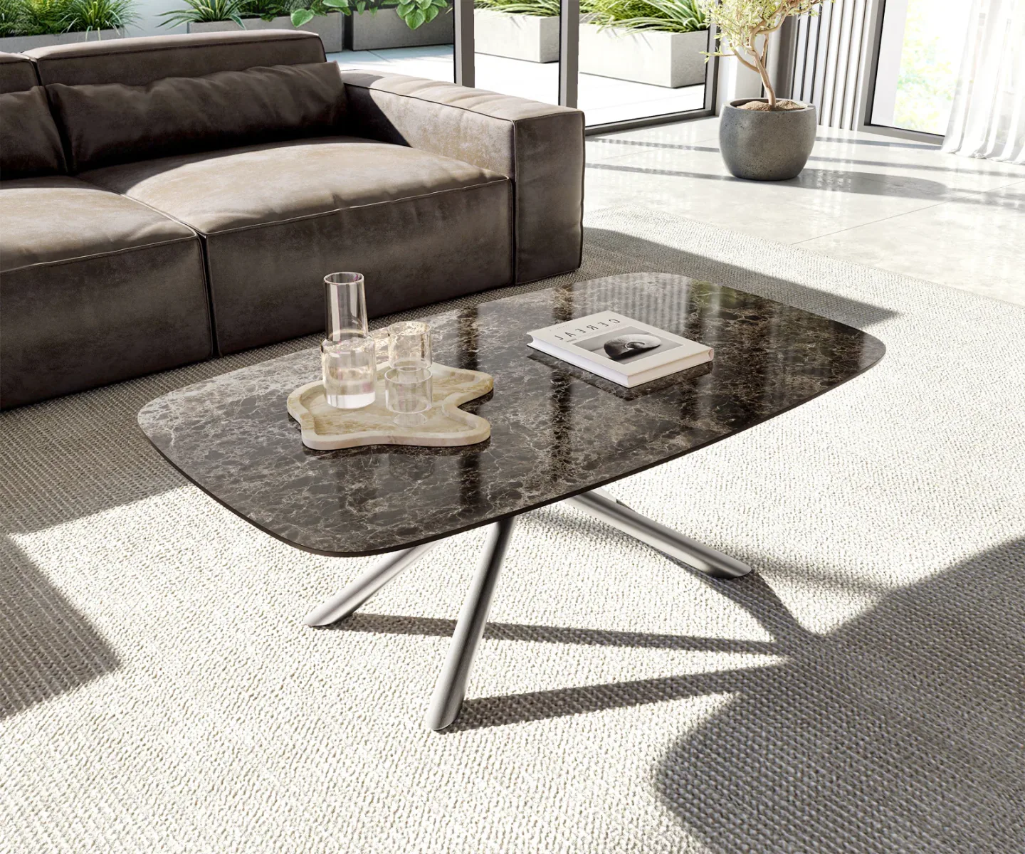 Couchtisch Edge Boot 120x70 cm Keramik Emperador Extra Lucidato Dunkelbraun Sarity Edelstahl gebürstet