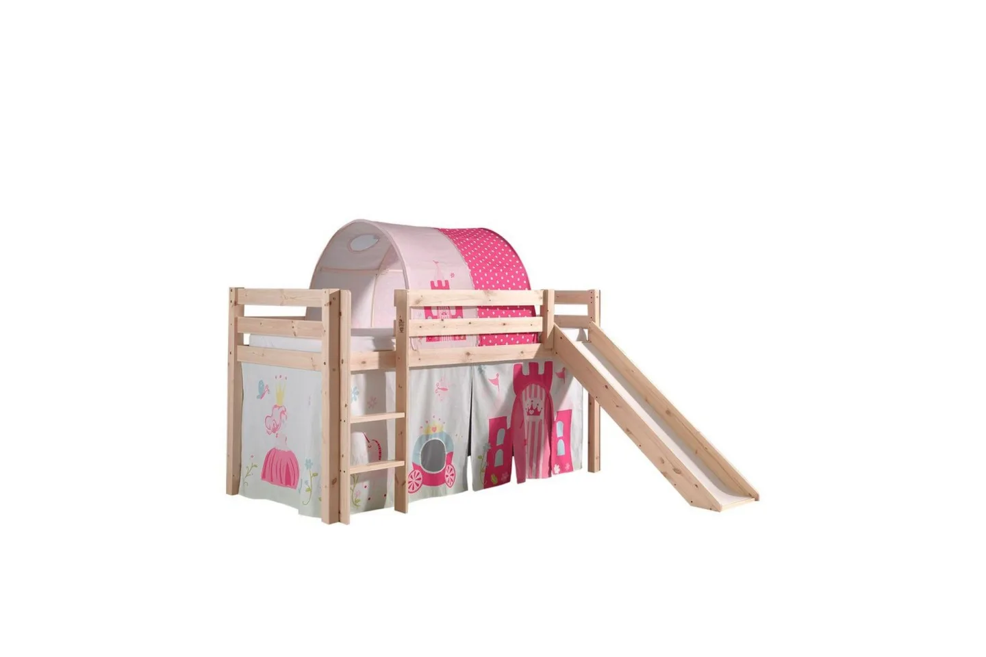 Halvhöjdssäng med gardin Pino Princess Naturlig, Naturlig, Med rutschkana, Prinsessa, Inga fickor - Naturlig, Naturlig, Med rutschkana, Prinsessa, Inga fickor