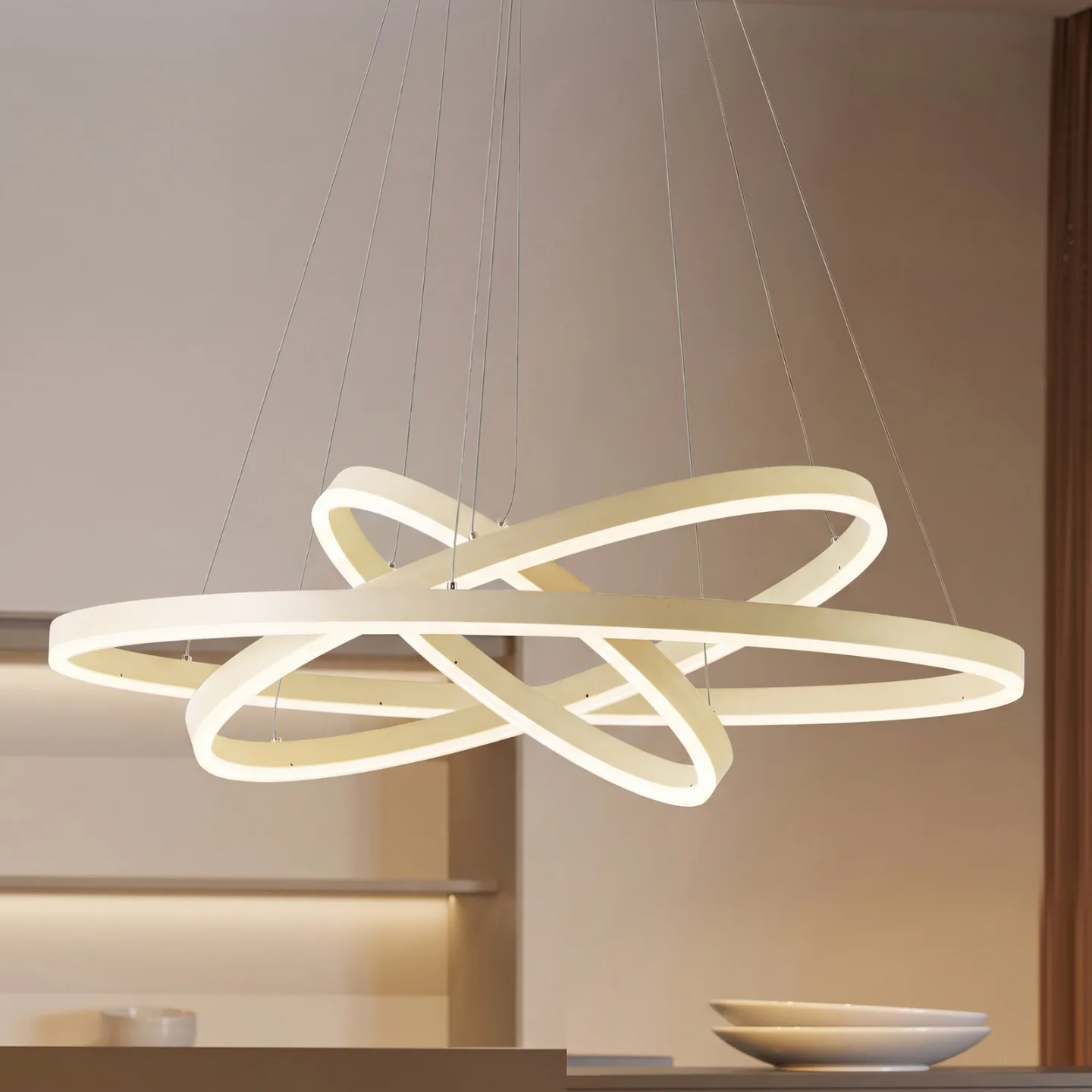 Albiona LED-Hängeleuchte, beige, 3 Ringe, Ø 80 cm - Arcchio - Wohnzimmer - Modern - Metall - Mehrflammig