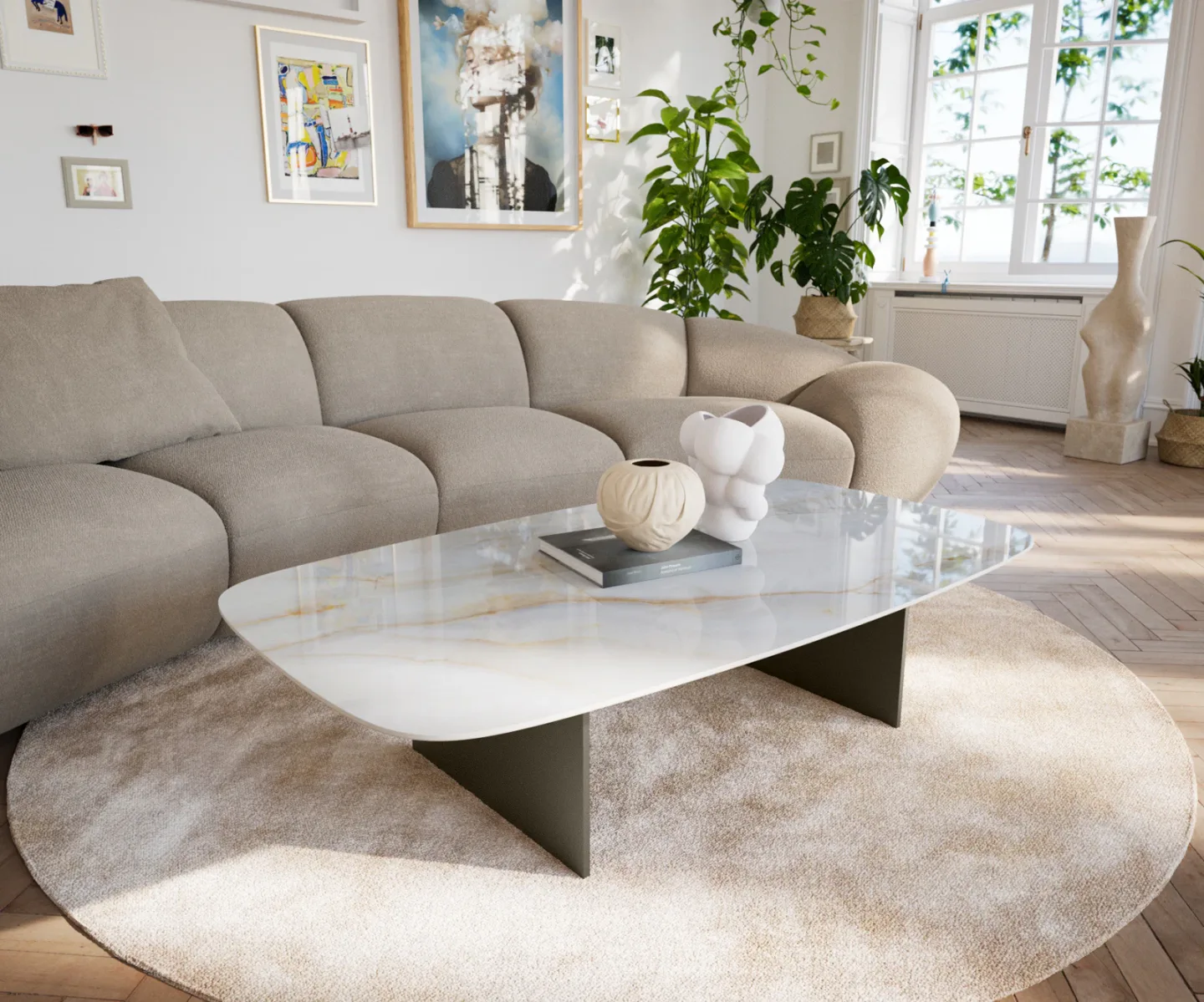 Couchtisch Edge Boot 140x80 cm Keramik Onyx Pearl Salto Metall Effektfinish Titan