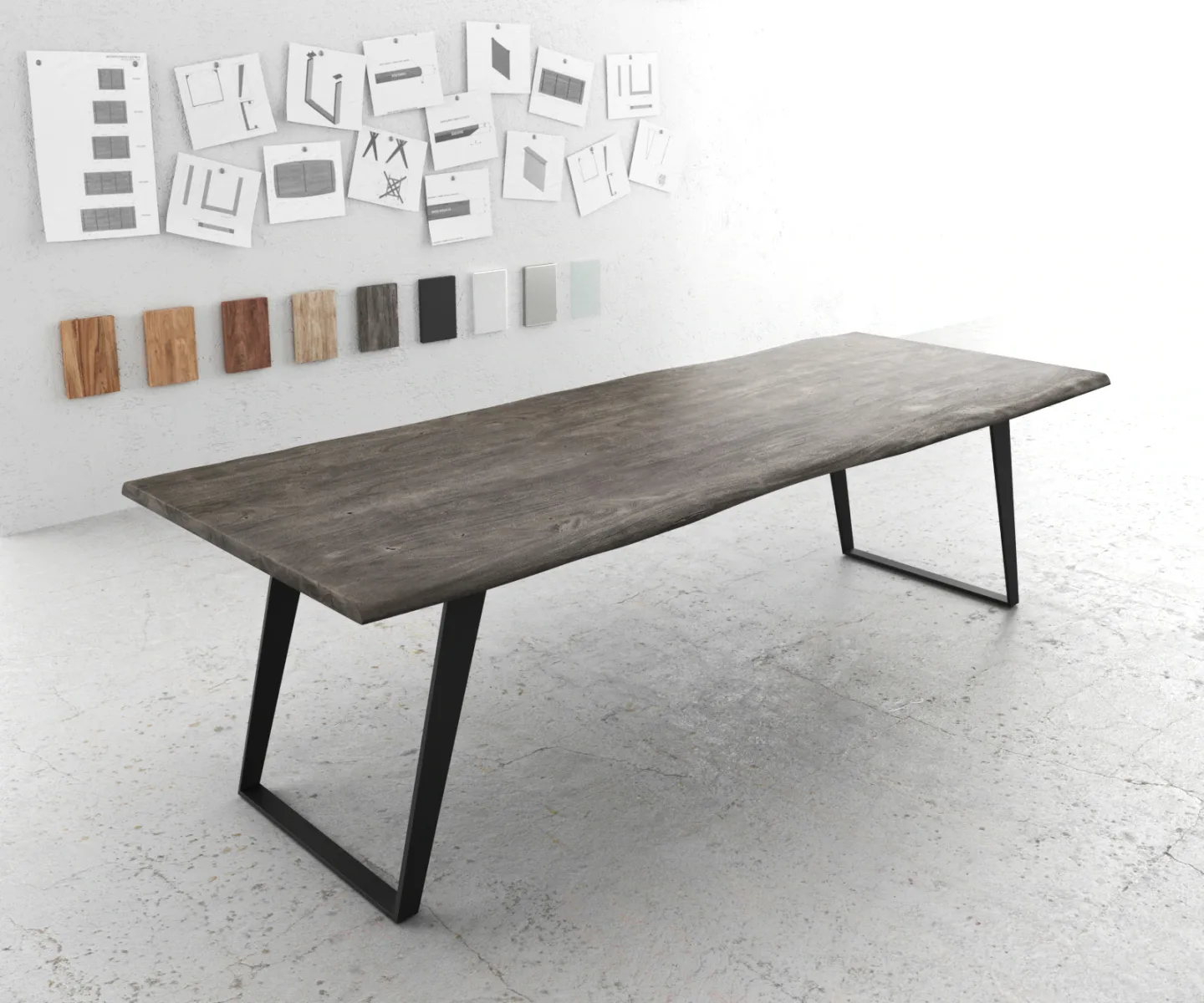 Esstisch Edge 260x100 Akazie Platin Metall Schräg Live-Edge