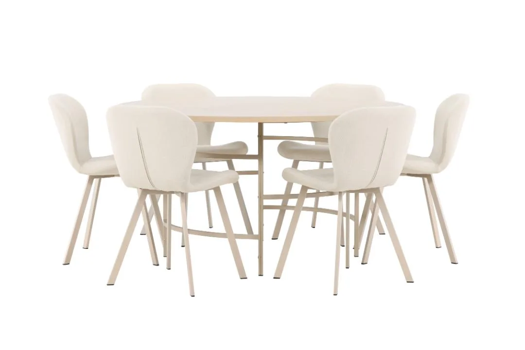 Copenhagen Essgruppe Tisch Ø140cm und 6 Stühle whitewash, beige.