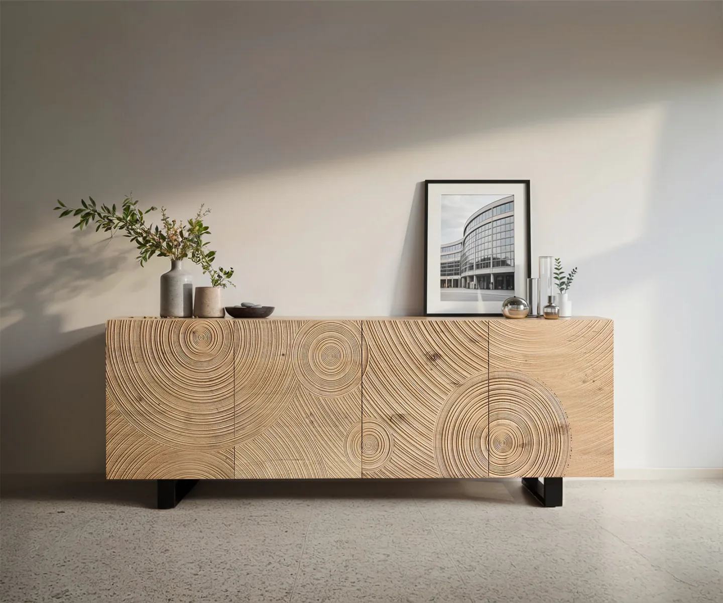 Sideboard Ashara 200 cm Eiche Natur 3D Effekt 4 Türen Kufe Metall Schwarz
