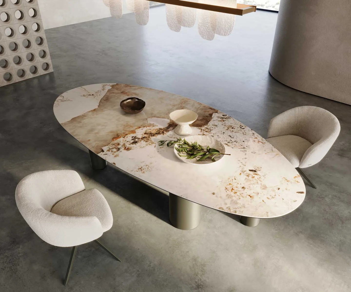Esstisch Edge Oval 280x130 Keramik Minas Melange Weiß-Beige Pilier Metall Effektfinish Titan