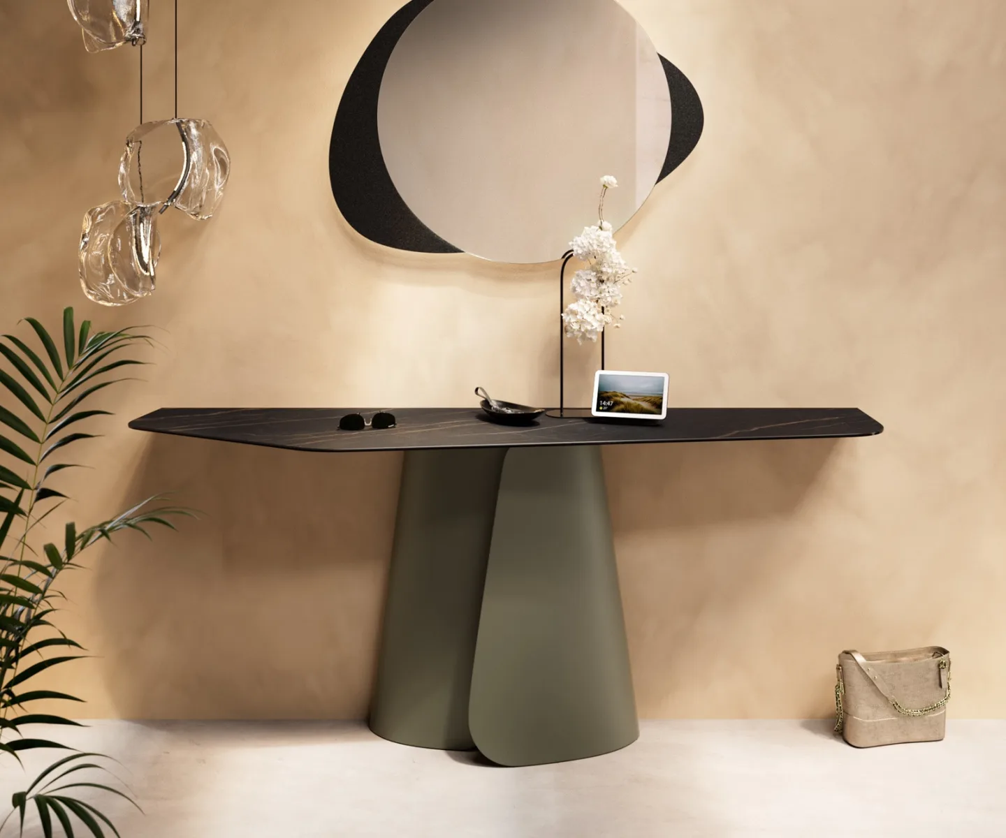 Konsolentisch Edge Polygonal 180x50 cm Keramik Laminam® Noir Desir Braun Livos Metall Effektfinish Titan