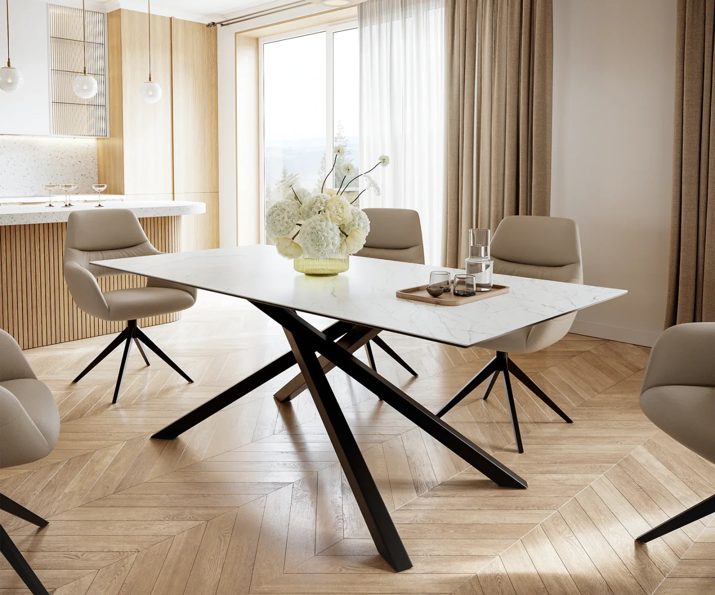 Esstisch Edge 200x100cm Keramik Laminam®Statuarietto Weiß Mittelfuß Kreuz Schwarz