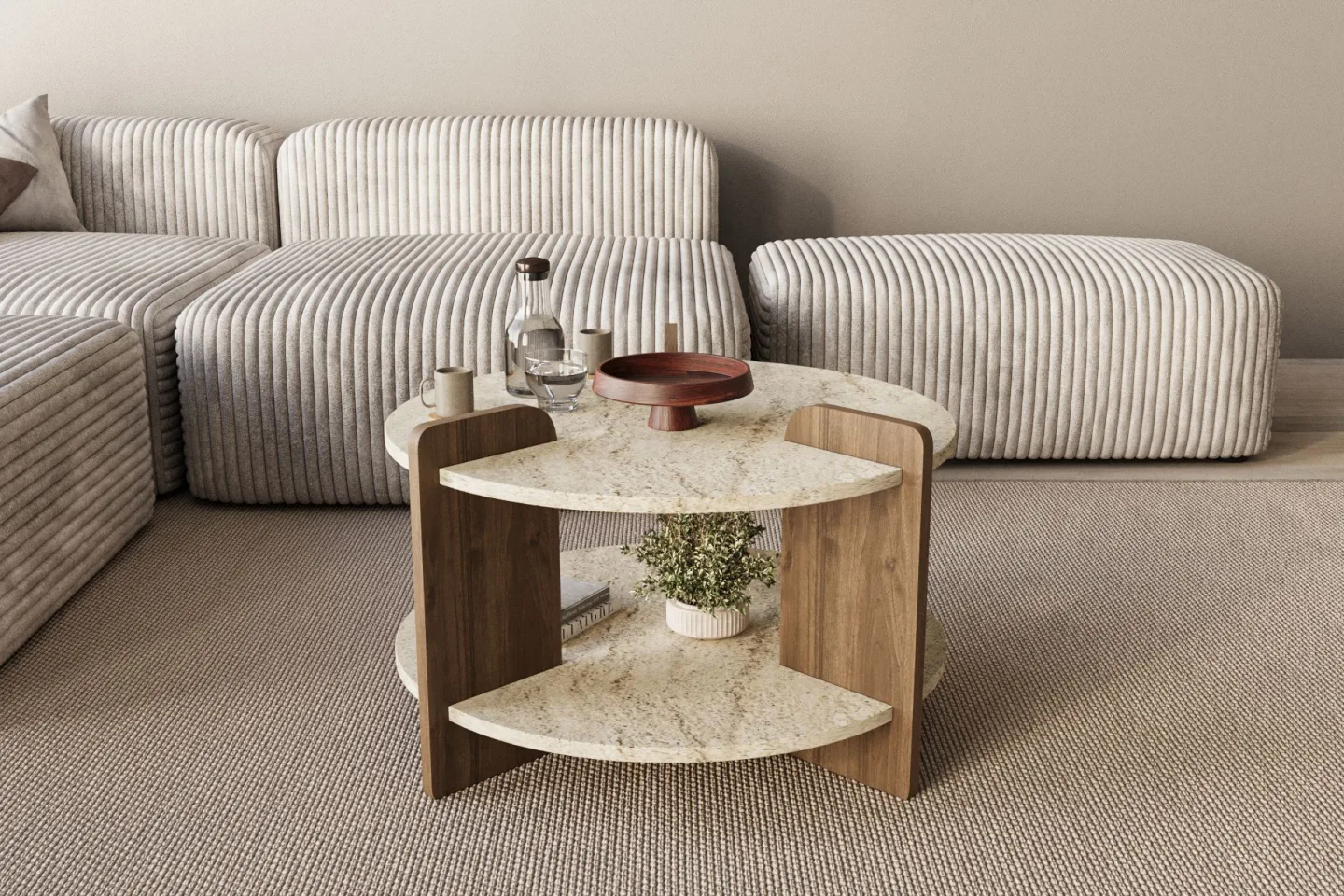 Cindral Soffbord 70 cm Rund - Travertin Och Valnöt