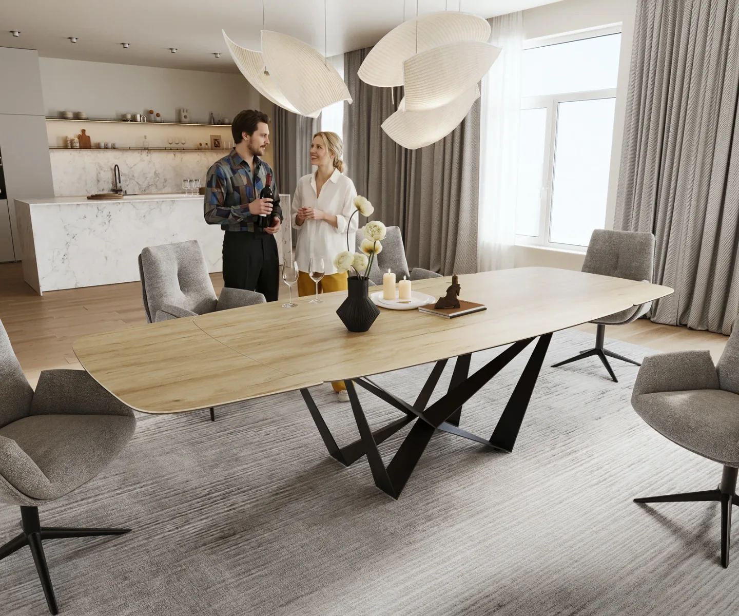 Esstisch Edge Boot 200-300x120 cm Keramik Laminam® Sabbia Eichefarbig Spider Flachstahl Schwarz ausziehbar