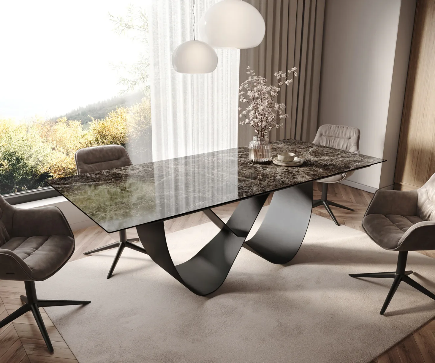Esstisch Edge 180-220x100 Keramik Emperador Extra Lucidato Dunkelbraun Infinity Metall Schwarz ausziehbar
