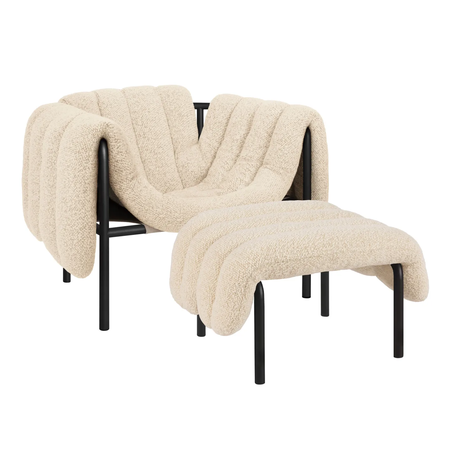 HEM - Puffy Lounge Chair + Ottoman - Eggshell/Black Grey - Fåtöljer - Faye Toogood - Beige,Svart - Bomull/Naturmaterial/Metall/Syntetiskt/Skum/Plast