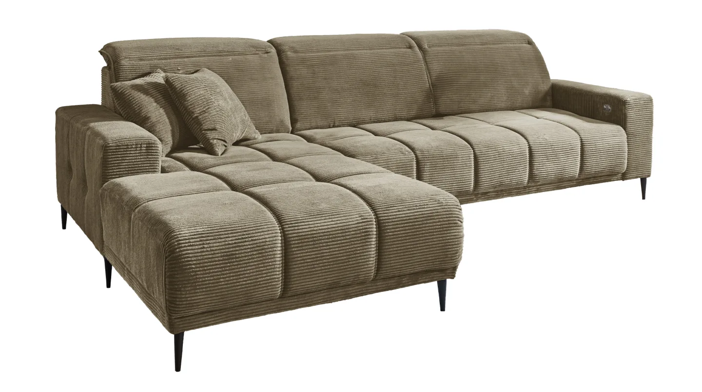 Ecksofa Cord grün elektrisch ausfahrbar 286 cm - OT links - MARISOL