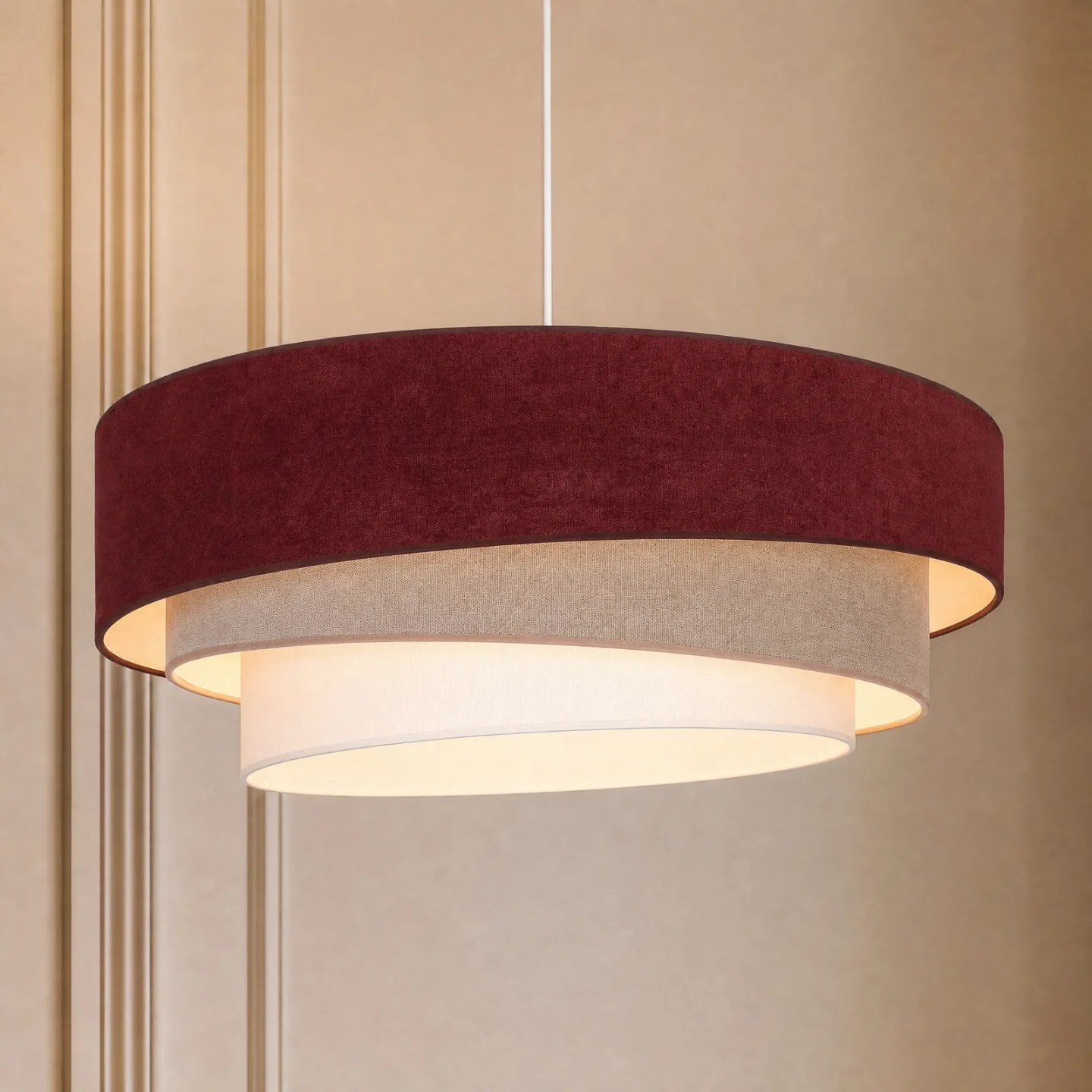 Trio pendellampa, mörkröd/beige, Ø60 cm, textil, E27 – Duolla - Vardagsrum - Ung livsstil - Tyg / textil - Med en ljuskälla