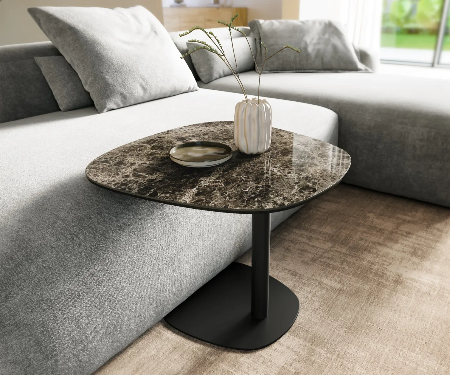 Beistelltisch Edge Boot 60x60 cm Keramik Emperador Extra Lucidato Dunkelbraun Eleny Metall Schwarz