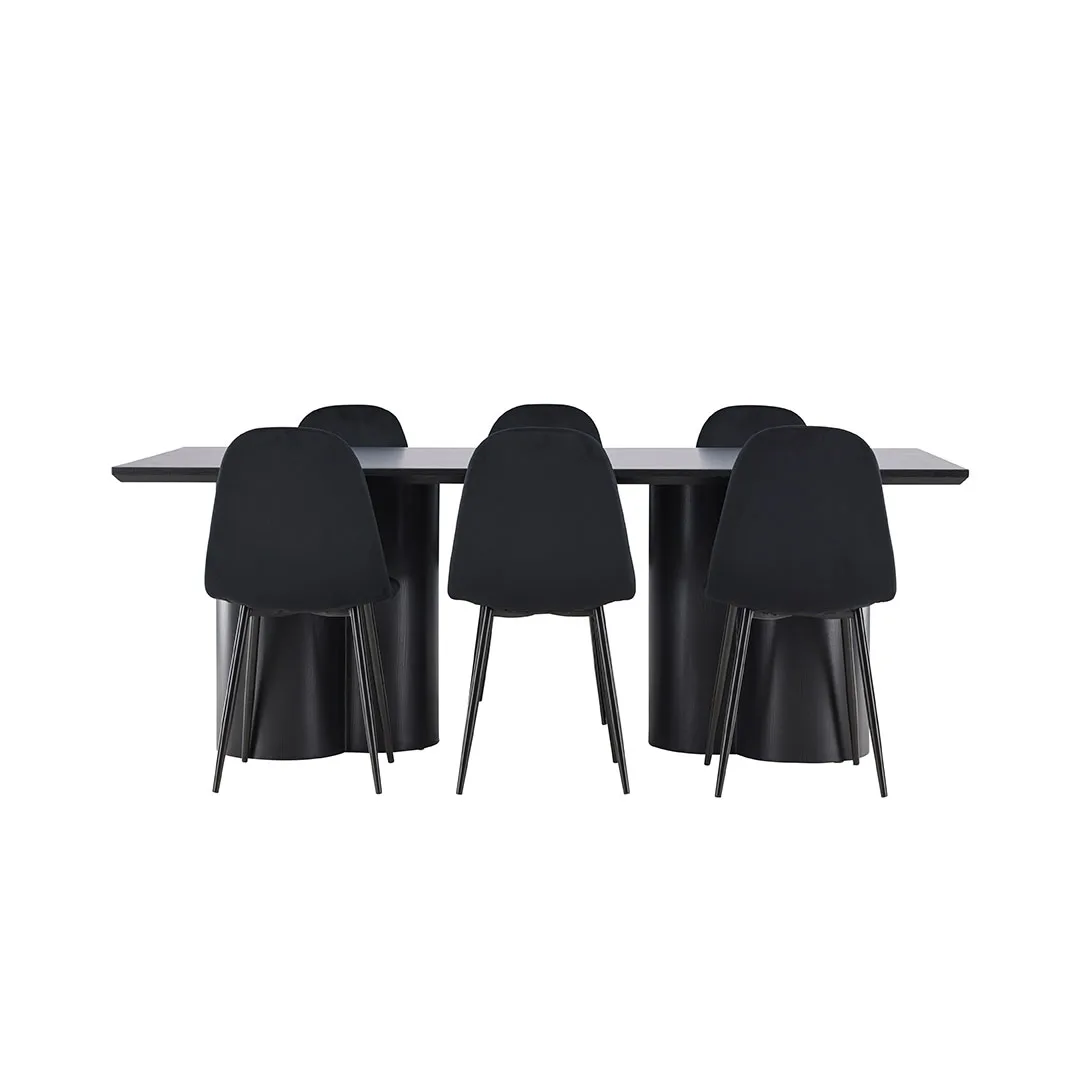 Olivia Essgruppe Tisch 100x210cm und 6 Velours Stühle schwarz.