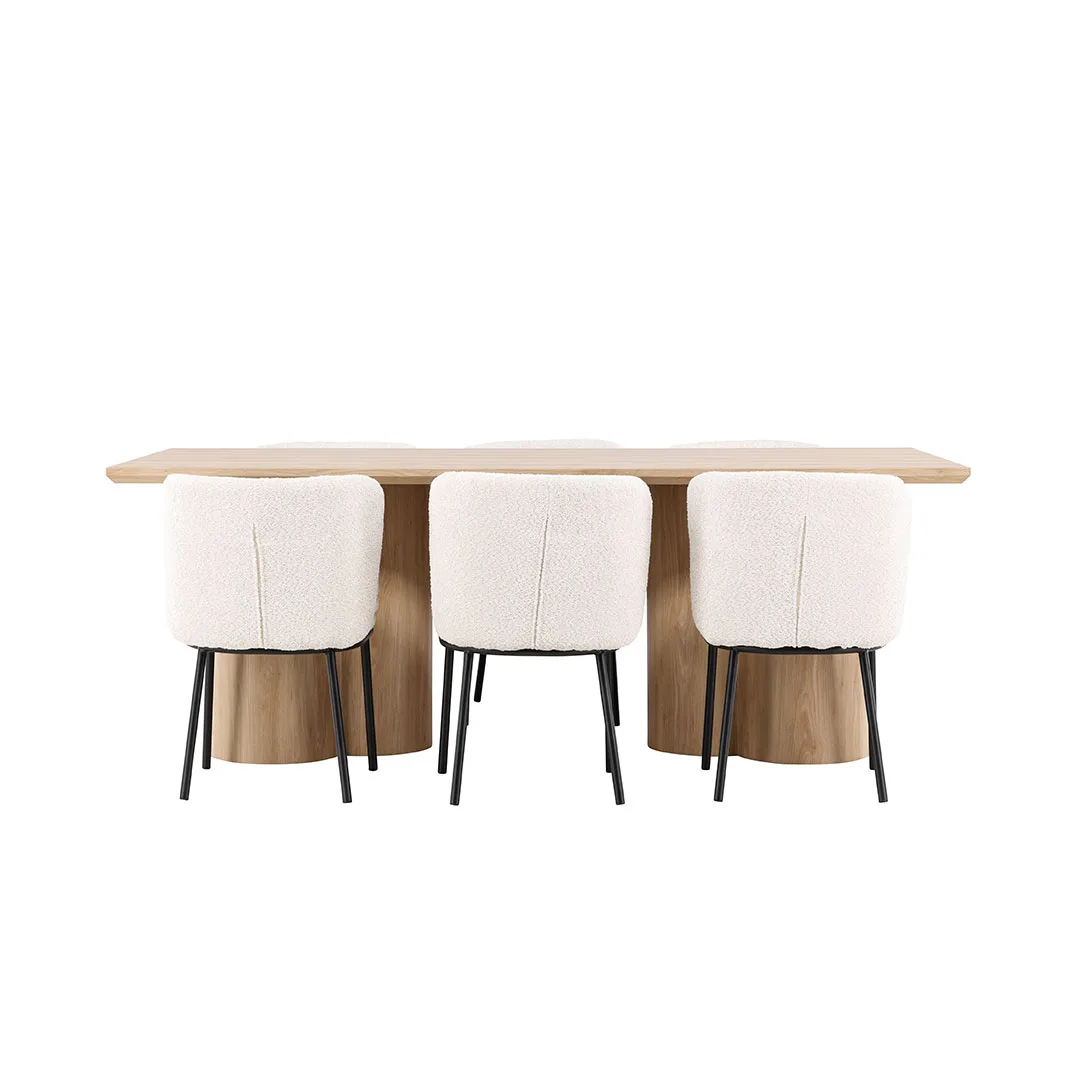 Olivia Essgruppe Tisch 100x210cm und 6 Boucle Stühle natur.
